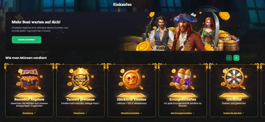 Corsaza Casino Bonus Shop mit Münzen Belohnungen und verschiedenen Bonusaktionen