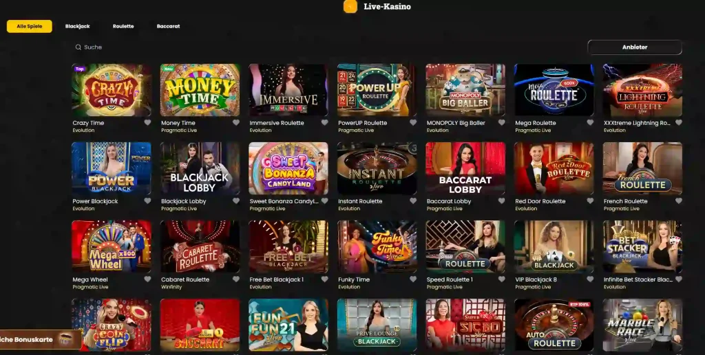 Corsaza Casino Live Casino Lobby mit Roulette, Blackjack und weiteren Live Spielen