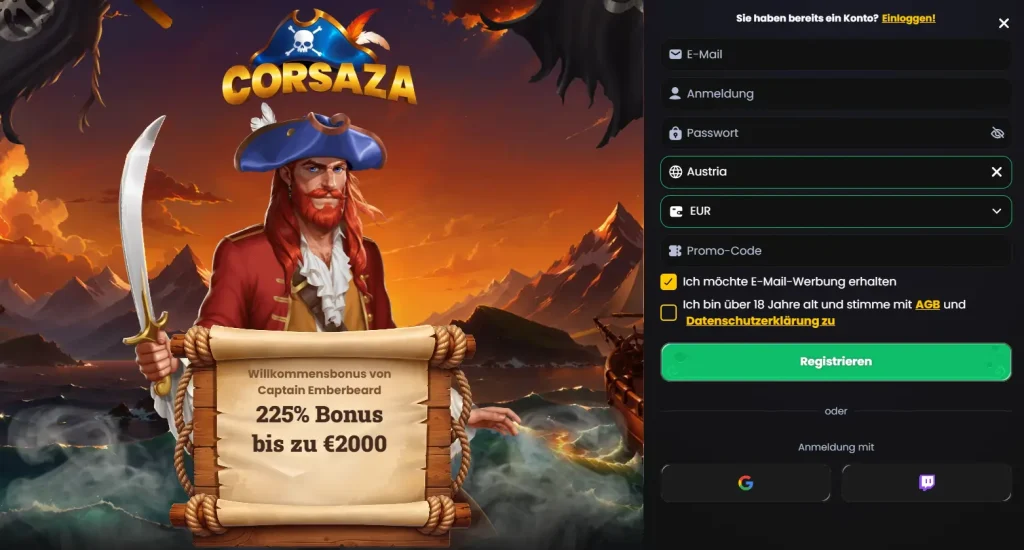 Corsaza Casino Registrierungsformular mit Willkommensbonus bis zu 2000 Euro