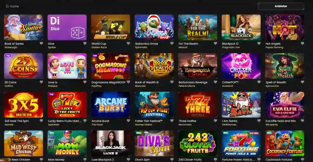 Corsaza Casino Spielautomaten Lobby mit verschiedenen Slot Spielen und Anbietern