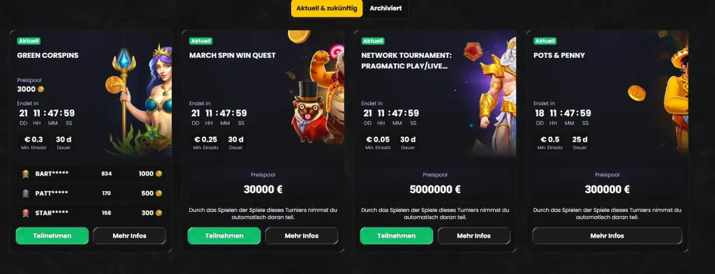 Corsaza Casino Übersicht mit aktuellen Slot Turnieren und großen Preispools