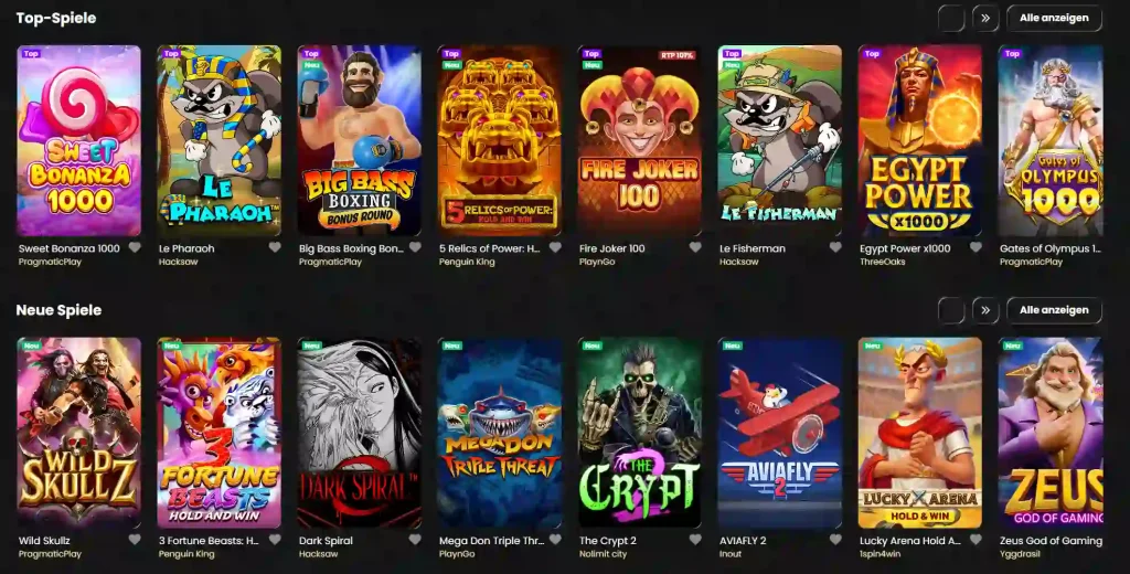 Corsaza Casino Übersicht mit Top Spielen und neuen Spielautomaten in der Spielelobby